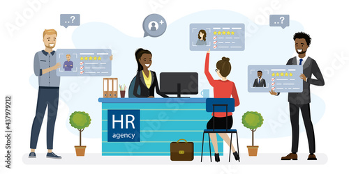 Female HR specialist on workplace, queue job applicants with resume in hands. Cartoon multi ethnic business people talking, interview.
