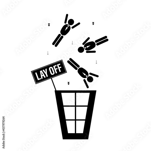 Business people or employees pictograms fall into trash can. Staff reduction, layoff. Monochromatic banner, simple funny poster. Global recession,