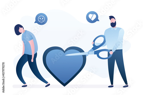 Male character cuts heart with scissors. Woman received refusal from lover. Non-reciprocal love and friendzone