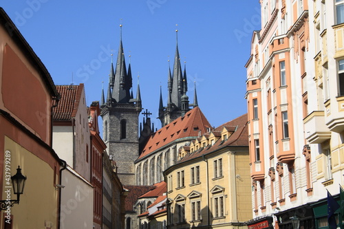 A narrow city street with old buildings in the background. Czech republic, Prague