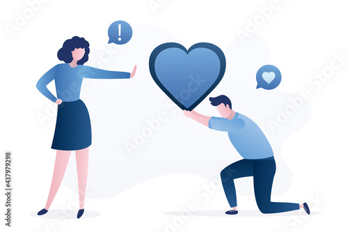 Young female character rejects feelings. Cartoon man gives girl big heart. Unrequited, one-sided or rejected love