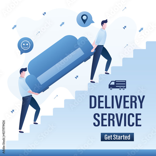 Movers carry sofa up stairs, relocation. Lifting heavy furniture into apartment. Delivery service, landing page template. Man workers, loaders.