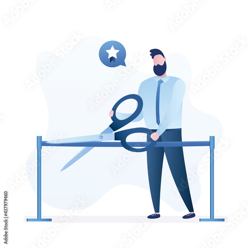 Ribbon cutting ceremony, politician with giant scissors. Businessman starting business project, launching new product, grand opening event,