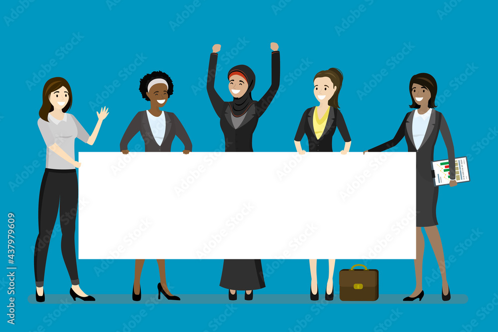Multiethnic group of women holds empty white placard. Female business team with board, place for text. Feminists hold blank billboard. Activists team, fighting for equality. Multiethnic group of women holds empty white placard. Female business team with board, place for text. Feminists hold blank billboard. Activists team, fighting for equality.