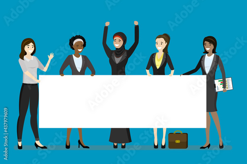 Multiethnic group of women holds empty white placard. Female business team with board, place for text. Feminists hold blank billboard. Activists team, fighting for equality.