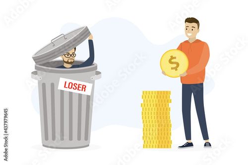 WInner and loser, funny male characters. Jobless bankrupt sitting in metal trash can. Successful businessman or investor holds golden coins.