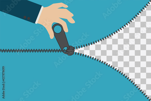 Caucasian businessman hand opens zipper. Coming soon opening new business, store. Unlocking new shop or website. Grand opening.