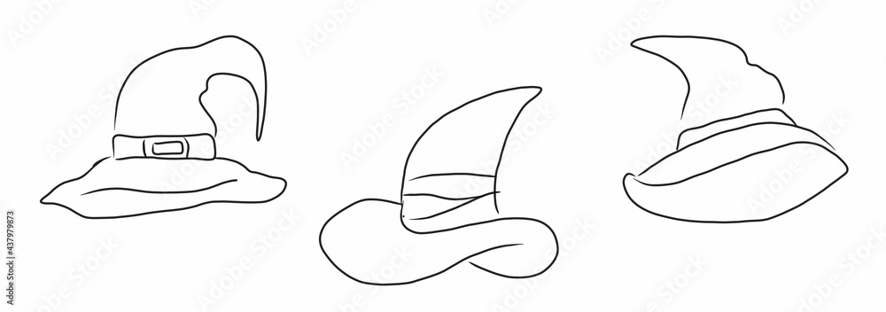 Set Halloween magic hats, hand drawing illustration, isilated, art line style. Set Halloween magic hats, hand drawing illustration, isilated, art line style.