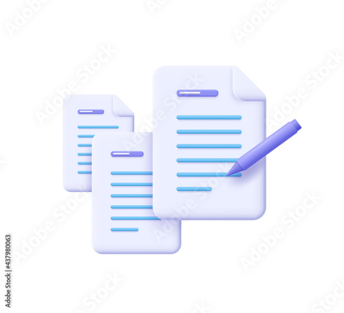 Creative writing and storytelling, brief, contract terms and conditions, document paper, assignment concept. 3d vector illustration.