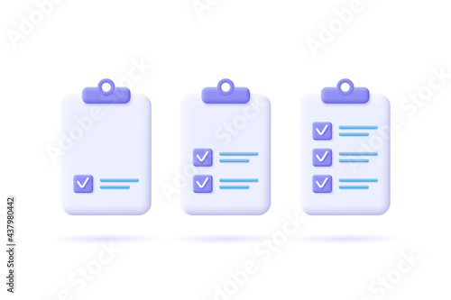 Task management check list, efficient work, project plan, fast progress, level up concept, assignment and exam, productivity solution icon.  3d vector illustration.