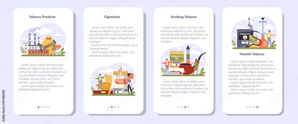 Tobacco production industry sector of the economy mobile application banner set Tobacco production industry sector of the economy mobile application banner set