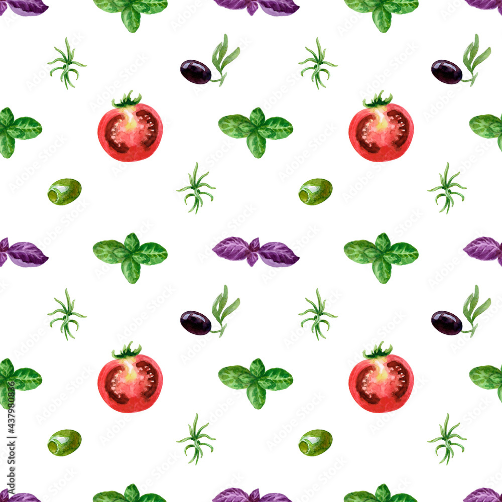 The pattern. Tomatoes, basil, olives. The image is hand-drawn and isolated on a white background. Watercolour painting. The pattern. Tomatoes, basil, olives. The image is hand-drawn and isolated on a white background. Watercolour painting.