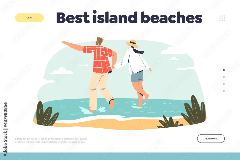 Best island beaches concept of landing page with young couple on summer vacation on seaside