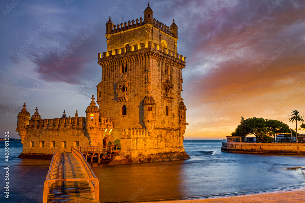Belem Tower in Lisbon, Portugal, Belem Tower or Tower of St Vincent on the bank of the Tagus River at scenic sunset, Lisbon, Portugal