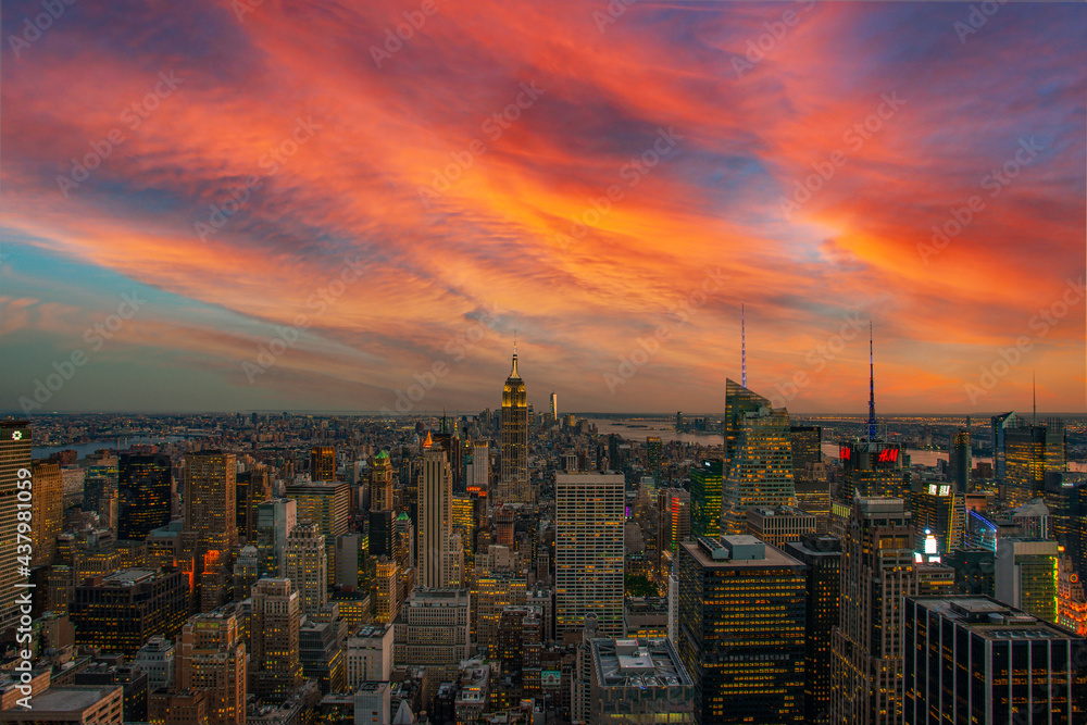 Manhattan panorama at sunset aerial view, New York, United States
