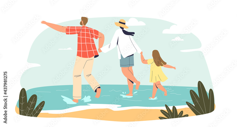 Young family on beach. Happy parents and girl daughter run to water on seaside vacation Young family on beach. Happy parents and girl daughter run to water on seaside vacation