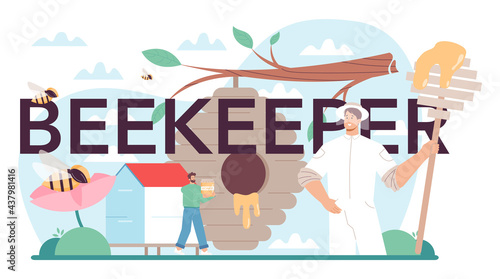 Hiver or beekeeper typographic header. Professional farmer gathering honey