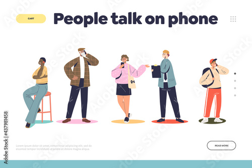 People talking on phone concept of landing page with cartoons speaking on smartphones