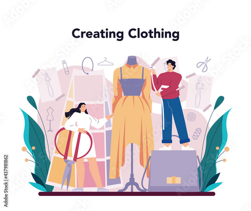 Fashion designer concept. Professional tailor sewing or fitting clothes.