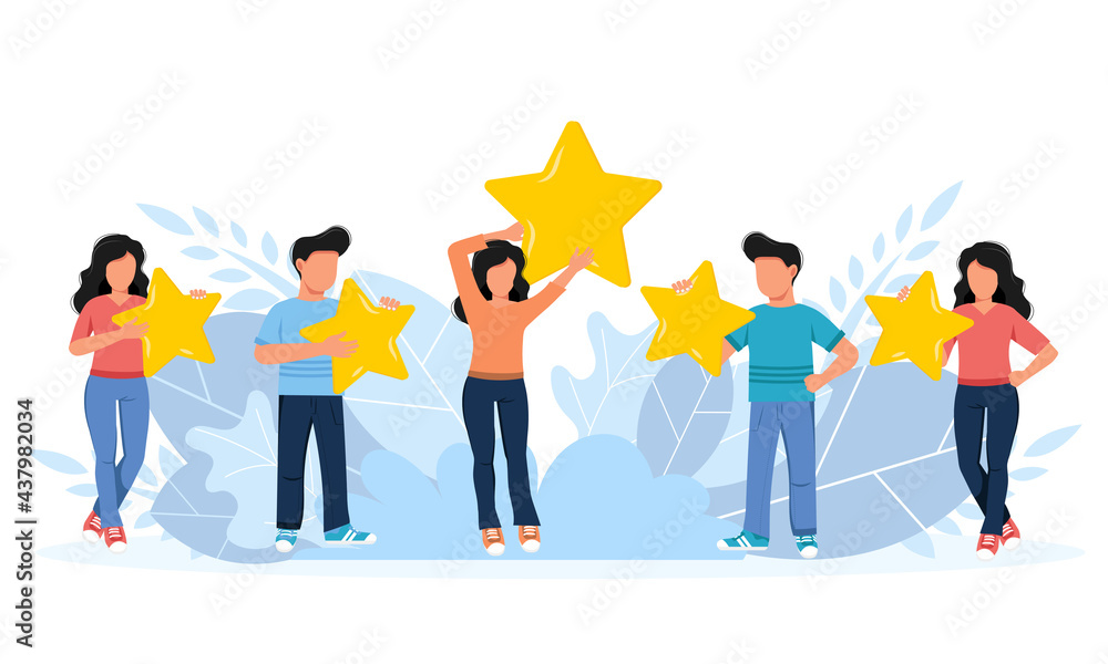 Obraz premium Concept of feedback, testimonials messages and notifications. Rating on customer service illustration. Five big stars with people sitting on them and giving reviews on their lap tops. Flat vector