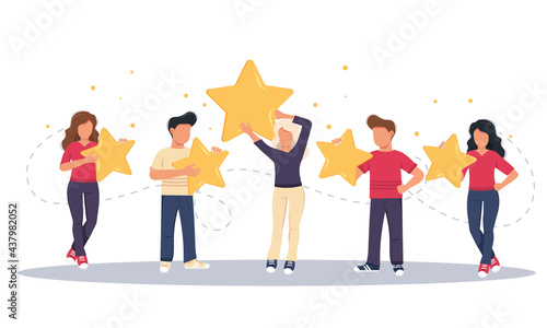 Concept of feedback, testimonials messages and notifications. Rating on customer service illustration. Five big stars with people sitting on them and giving reviews on their lap tops. Flat vector