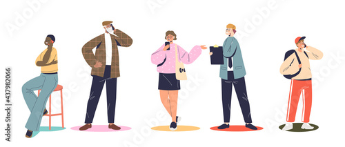 Set of people speaking on smartphone, cartoon characters use mobile phones call with cellphones