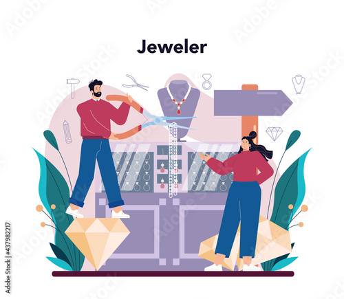 Jeweler concept. Goldsmith examining and faceting diamond