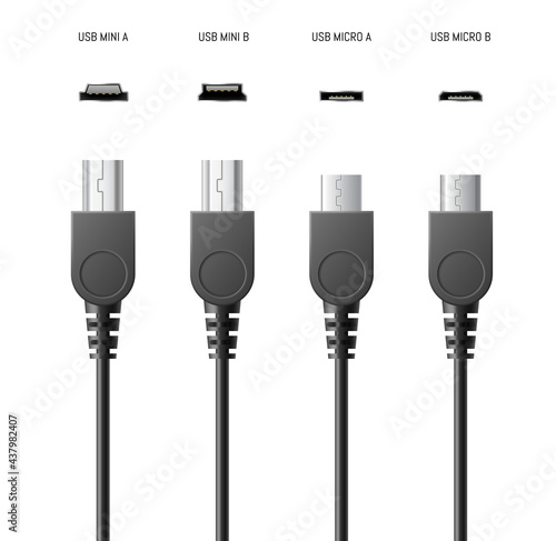 USB cables and sockets set realistic. Connector plugs for smartphone charging or devices connection
