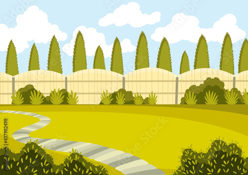 Patio area with green lawn, fence and trees. Sunny courtyard area with green grass and path. Outdoor cartoon backyard background vector illustration