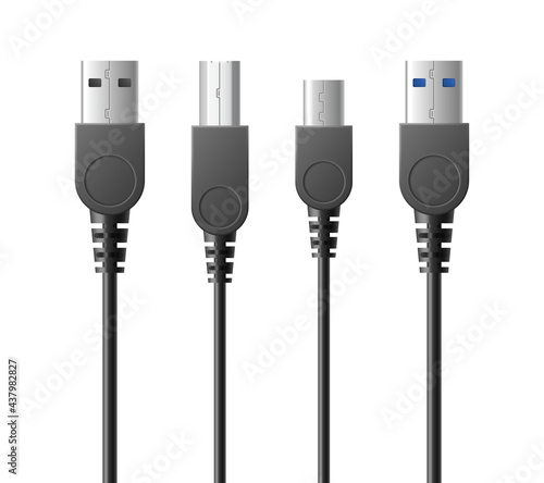 USB type A, C, micro usb, super speed and lightning cable connector 3d realistic