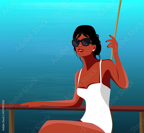 Digital illustration portrait of a girl in glasses and a bikini on vacation in the summer on a yacht cruise