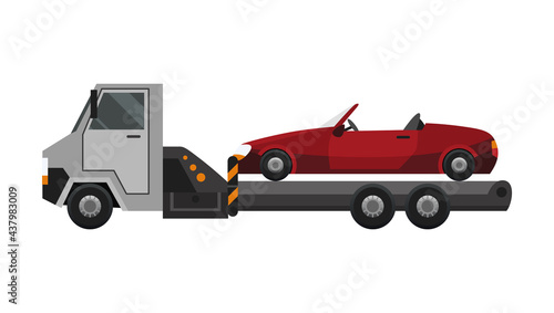 Tow truck. Flat faulty car loaded on a tow truck. Vehicle repair service which provides assistance damaged or salvaged cars