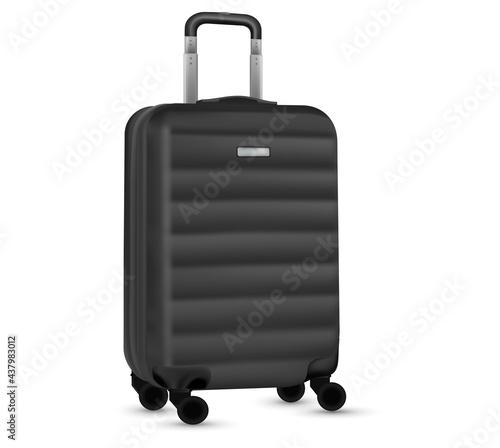 Travel suitcase isolated. Set of silver plastic luggage or vacation baggage bag on white background. Design of summer vacation holiday concept.