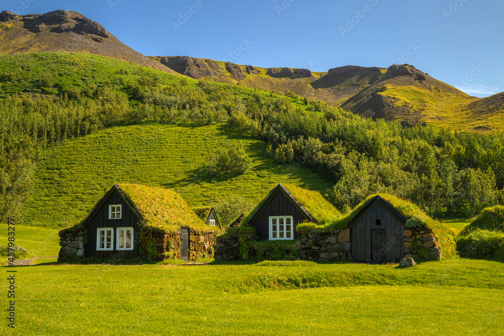 Icelandic grass covered turf houses, Iceland, Skogar