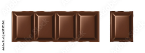 Realistic milk chocolate bar and piece. Brown delicious mock up of natural chocolate dessert