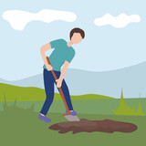 Man with a shovel digging the ground. agricultural and farm work in the garden. Gardening season, working the land for the harvest. Vector flat illustration