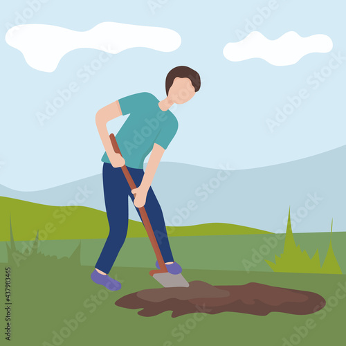 Man with a shovel digging the ground. agricultural and farm work in the garden. Gardening season, working the land for the harvest. Vector flat illustration