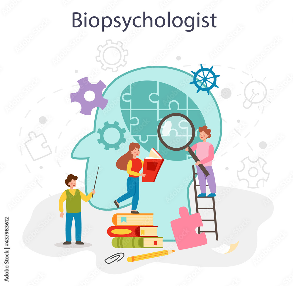 Biopsychology concept set. Students learning science of mind and behavior Biopsychology concept set. Students learning science of mind and behavior