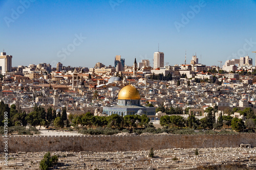 Jerusalem panoramic aerial view of the Old City, Tomb of the Prophets and Dome of the Rock during a sunny day. Jerusalem, Capital of Israel.