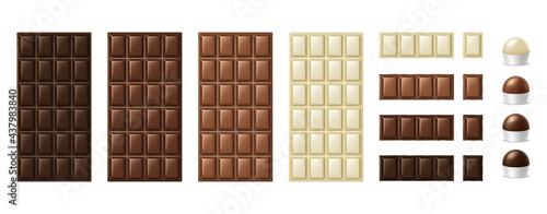 Chocolate bars, pieces and candies. Realistic dark chunks of milky dark and white chocolate