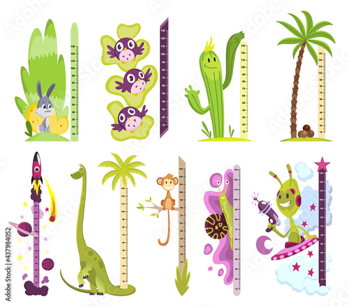 Collection of wall meters with different images. Stickers for measuring height kids. Funny vector cartoon illustrations for children