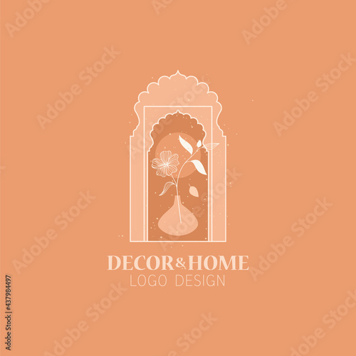 Vector concept of trendy arch logo with flower in a vase, linear style logo with window in moroccan style. 
