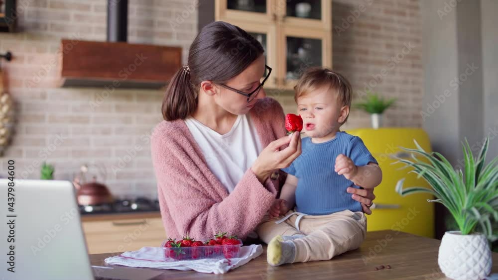 Young woman in eyeglasses feeding baby son with ripe strawberry, open laptop on table. Mother working on laptop from home and caring of toddler Young woman in eyeglasses feeding baby son with ripe strawberry, open laptop on table. Mother working on laptop from home and caring of toddler