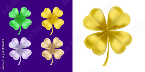 Clover leaf in realistic style. Gold,  green, bronze and lilac shamrock jewellery. Beautiful artwork with gradient mesh. Vector illustration.