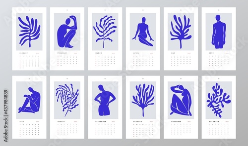 Wall calendar 2022 year. Minimal contemporary art annual calendar planner, abstract organizer. Vector illustration