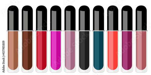 Illustration of a set of different multicolored lipsticks in a transparent tube and black cap
