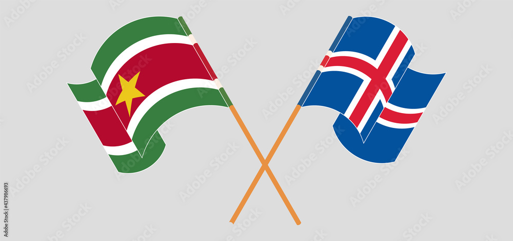 Crossed and waving flags of Suriname and Iceland Crossed and waving flags of Suriname and Iceland