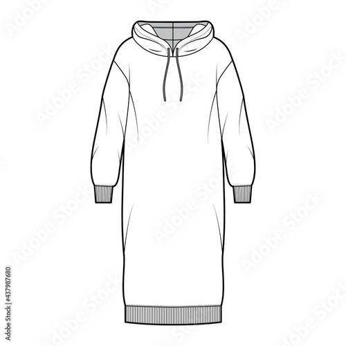 Dress hoody technical fashion illustration with long sleeves, rib cuff oversized body, knee length skirt. Flat apparel front, white color style. Women, men unisex CAD mockup