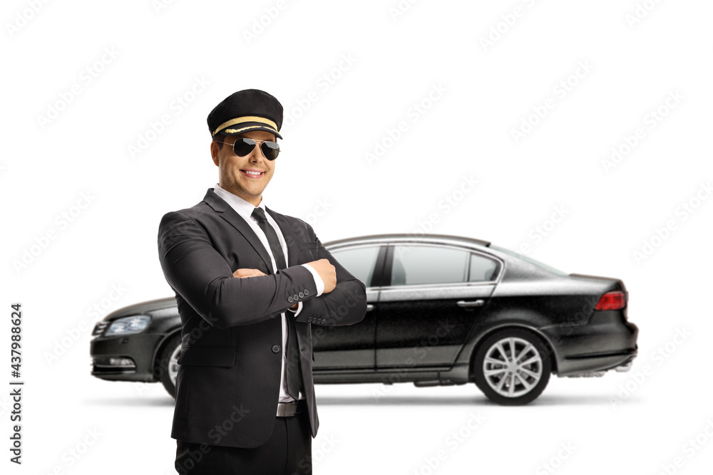 Chauffeur with sunglasses posing in front of a black car - obrazy, fototapety, plakaty 