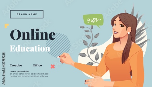 Landing page template for online courses, distance education, Internet studying, training. Yong female teacher having a lesson. Vector illustration